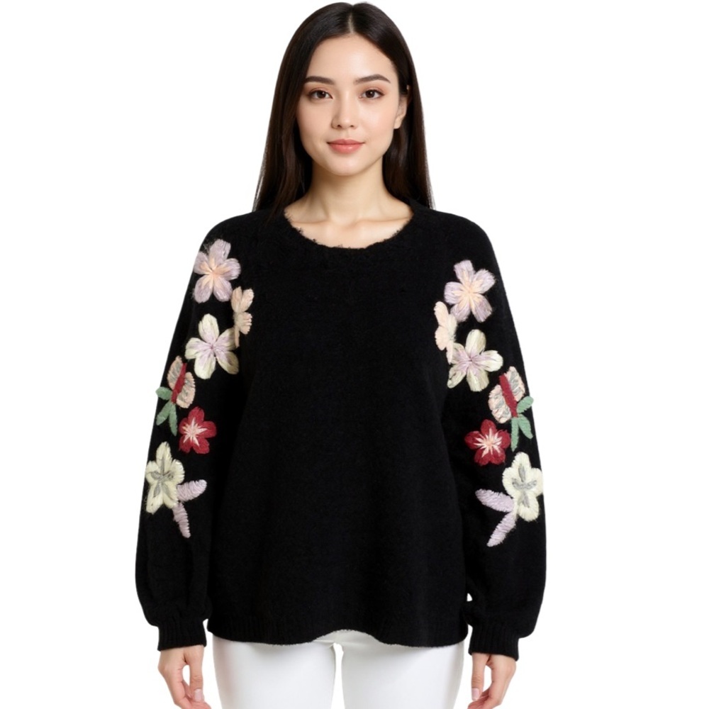 Boundless North Black Fuzzy Embroidered Daisy Floral Sweater Size S